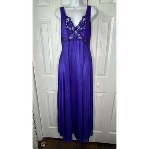 Vintage S ‎ Adonna Long Purple Nylon and Lace Trim Nightgown Glamour 60's-70's
